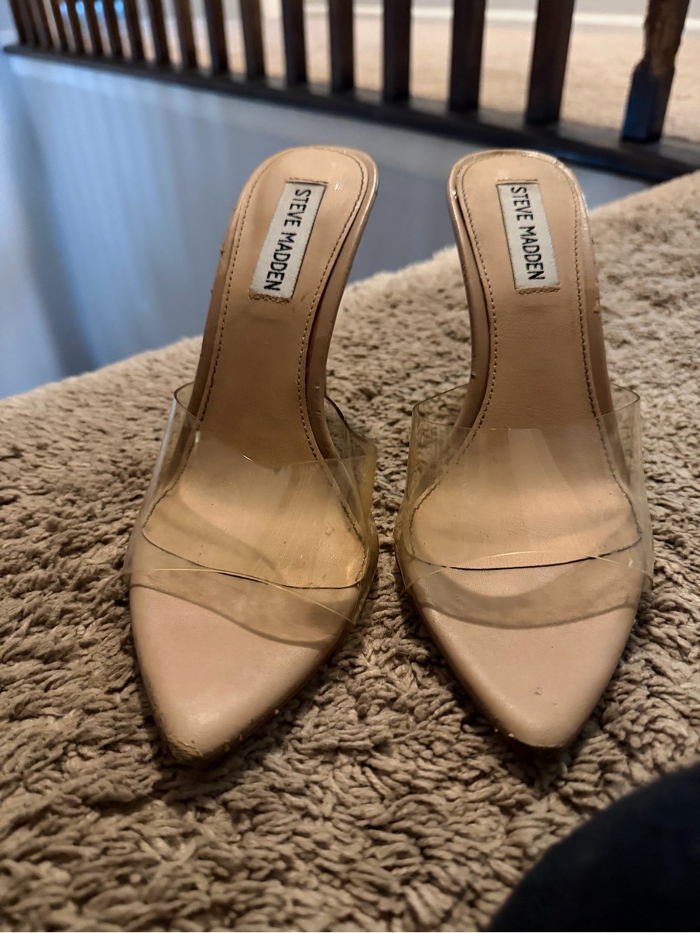Steve Madden Clear Strap Pointed Mule in Nude/Tan